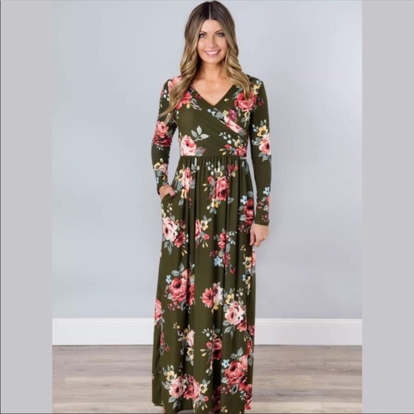 olive green floral maxi dress